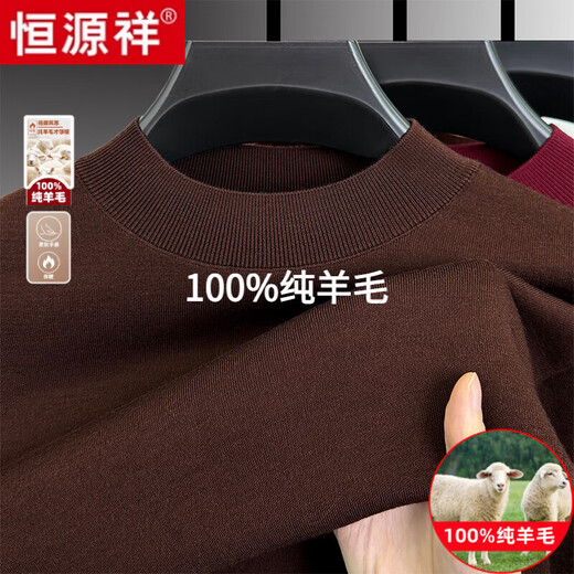 Hengyuanxiang Men's 100% Worsted Wool Sweater Machine Washable Winter Mid-Collar Sweater Woolen Sweater Warm Bottoming Shirt Men's Top Light Brown Pure 100% Selected Fine Wool 175/XL High-end Brand Men's Clothing