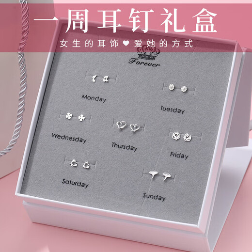 Dingjing 999 Pure Silver Earrings Women's Ear Piercing Earrings Gift Box One Week Earrings Ear Bone Nails Simple and High-end Box Earrings