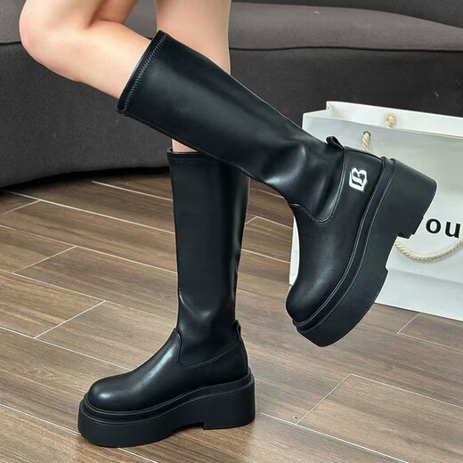 Feiyao Black Long Tube Martin Boots Женские весенние и осенние рыцарские кожаные ботинки высокие каблуки Толстая подошва средняя труба Британский ветровой мотоцикл 36 Эластичные скидные ботинки высота 7 см 7 см.