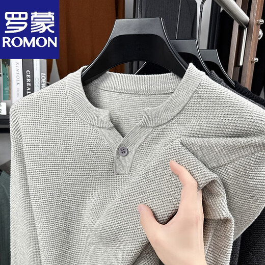 Romon Autumn New Henry Collar Cotton Long Sleeve Men's Knitted Sweater Solid Color 2025 Pineapple Pattern Textured T-Shirt Men Black XL -140-160Jin Jin is equal to 0.5 kg