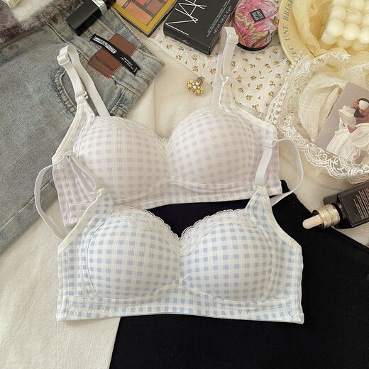 Underwear for female students, Korean version of girl's bra without rims, small breasts gathering, anti-sagging, secondary breasts, sexy pure desire tube top, light blue + pink XL 38/85