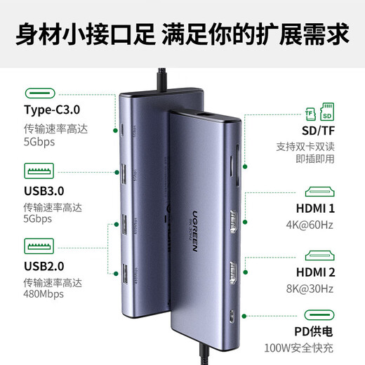 
Green Network (UGREEN) CM639 Type-C expansion dock 9-in-1 4-screen different display Dual HDMI 8K 15534 15602 15770 CM639-15534 TypeC expansion dock 10-in-1