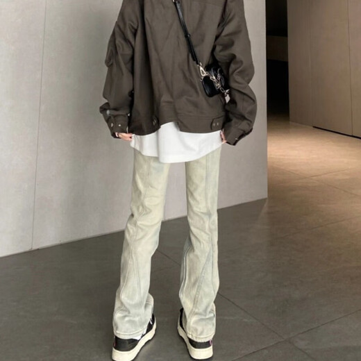 7 Hochwertige amerikanische Retro-Vibe Jeans Herren High Street Retro Trendy Brandwäsche gelbe Schlammhose schlank gerade ausgestellte Hosen Cyxfs-N826 Gelb Schlammfarbe L.