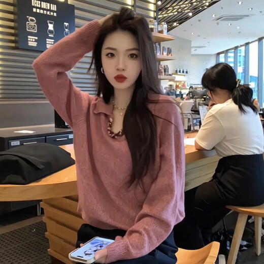 Su Yuwei Korean style pink polo collar sweater for women in autumn and winter, stunning and beautiful, soft and waxy sweater, loose inner lapel top, pink. Follow the store - free shipping insurance S (80-95Jin Jin is equal to 0.5kg)