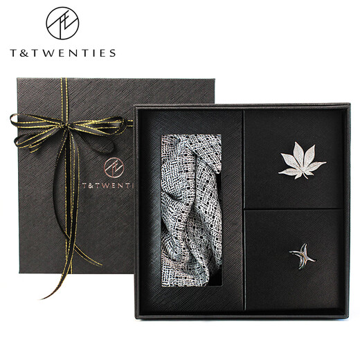 T&Twenties桑蚕丝男士脖子方巾丝巾围脖真丝冬季灰色绸缎男装颈巾男礼盒丝绸 【丝巾+丝巾扣+胸针】套组679