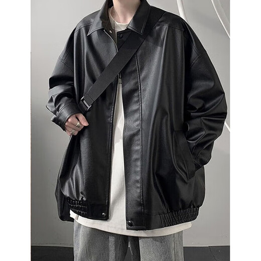 
Digada black pu leather jacket men's autumn and winter American retro pussy motorcycle style leather jacket men's trendy brand versatile top WJS-W9274 black XL