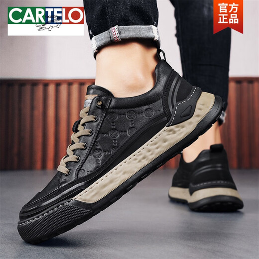 卡帝乐鳄鱼（CARTELO）鞋子男秋天新款低帮皮面透气轻便板鞋男士春秋季休闲运动工装鞋潮 L1392黑色 42