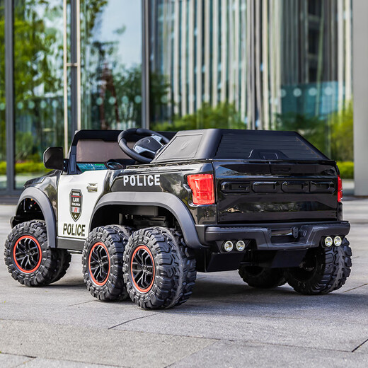 WORK BABY children's electric car four-wheel remote control toy car can sit in an adult off-road parent-child car, a child's baby double police car, children's model black, four-wheel drive + soft wheel + leather seat, electric drive