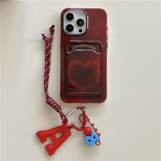 AOI también se aplica a la caja de teléfonos móviles Apple 16Promax Nueva bolsa de tarjeta con cordón con Lanyard iPhone 15 Women's 14 Red 13 [Bag Card Wine Red Love] + Bracelet iPhone 15