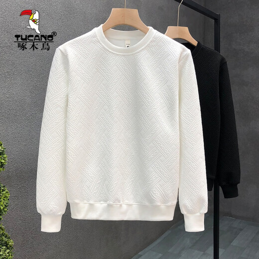 Woodpecker (TUCANO) simple dark pattern sweatshirt men's trendy brand round neck bottoming shirt 2025 spring and autumn new men's slim long-sleeved top white M