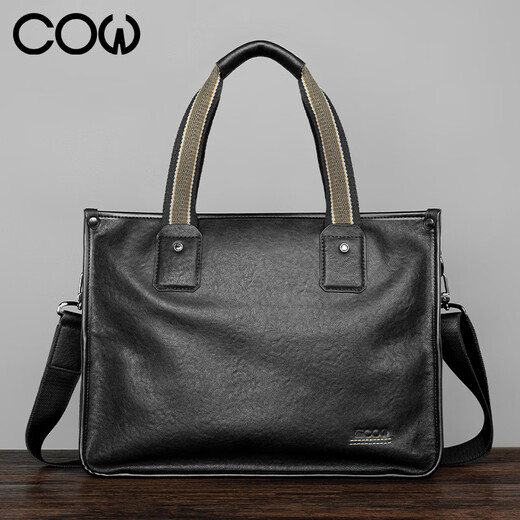 
COW briefcase men's hand-held business bag genuine leather top layer cowhide horizontal computer bag casual men's bag C-8621 black