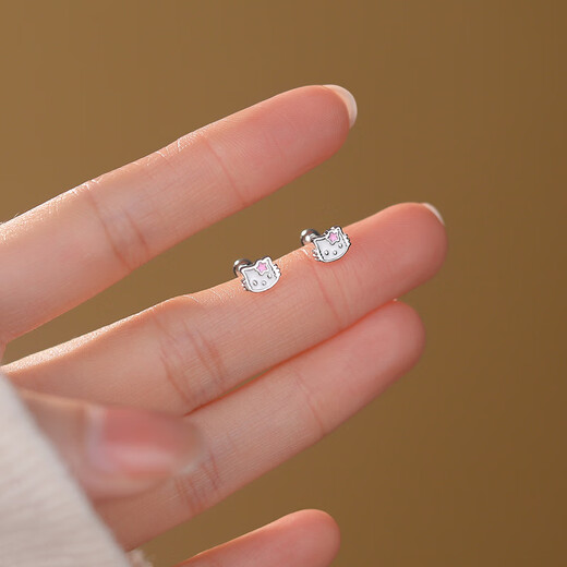 Senqi S999 Pure Silver KT Cat Screw Earrings for Girls Cute and Sweet Earrings Pure Silver Ear Bone Children's Ear Accessories E3555KT Cat Screw Earrings 999 Silver