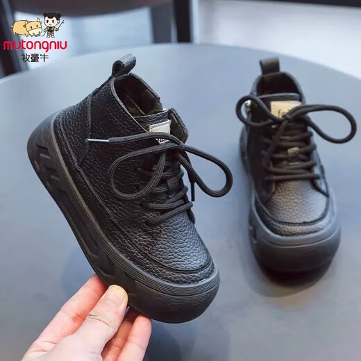 Shepherd cow (MUTONGNIU) first-layer cowhide children's leather shoes with velvet for winter, boys' black leather shoes, girls' Martin boots, soft-soled large cotton shoes, black thin velvet second cotton 34, inner length about 21.5cm
