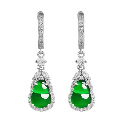 Purple glass Yang Mi's same style S925 silver inlaid with imperial green A-grade jade gourd ice earrings earrings Chinese Valentine's Day gift Imperial green jade gourd earrings