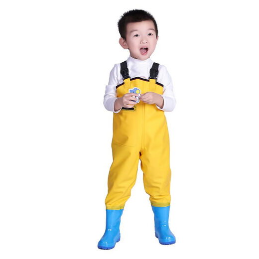 Children's play clothes, one-piece waders, kindergarten waterproof clothes, children's rain boots, men's and women's fishing rain pants, beach children-yellow overalls with pockets 24-shoe inner length 15cm
