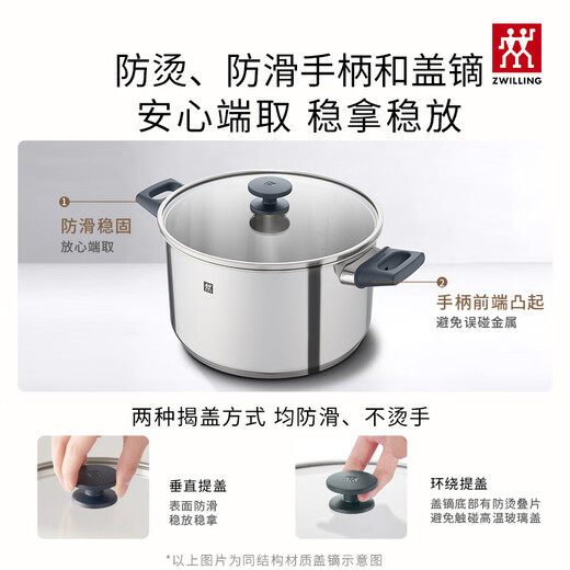 ZWILLING stainless steel soup pot steamer 0 coating household double-ear stew pot anti-yellowing noodles and porridge Silver series SILVER series soup pot + steamer 2 layers 20cm