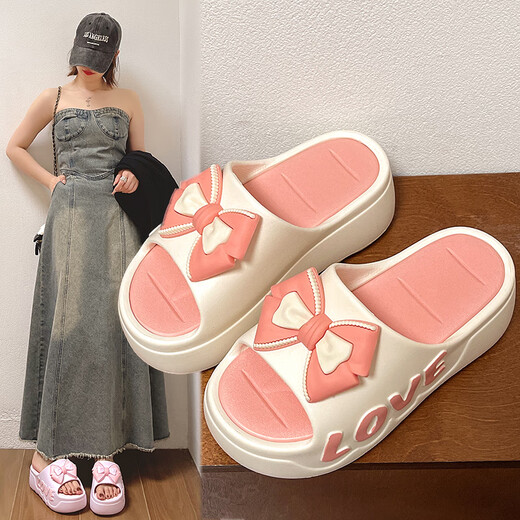 Autumn summer high heel thick-soled slippers for women in summer new cute bow home bathroom sandals to increase height wearing sponge cake sole beige 38-39 suitable for sizes 37-38