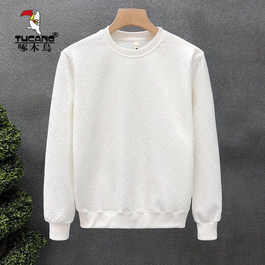 Woodpecker (TUCANO) simple dark pattern sweatshirt men's trendy brand round neck bottoming shirt 2025 spring and autumn new men's slim long-sleeved top white M