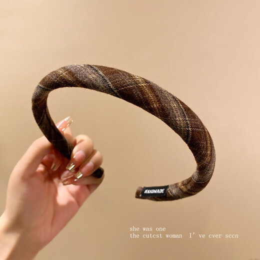 Youfang autumn and winter Maillard high-end woolen plaid thin hair hoop women's new face wash headband temperament and versatile hair hoop for going out coffee color plaid hair hoop 1 pack