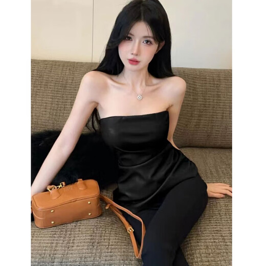 Xin Youjie 2025 Waist Slimming Pu Leather Tube Bra for Women Autumn and Winter Pleated Design 2026 Brown S