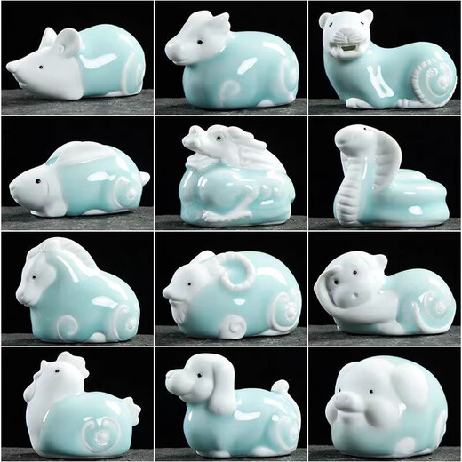 Zhenfan Ceramics Twelve Zodiac Ornaments Complete Set Cute Mini Rat Ox Tiger Rabbit Dragon Snake Horse Sheep Monkey Chicken Dog Pig Tea Pet Ornaments Monkey-(Ge Kiln Model)