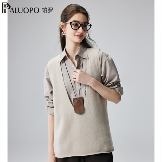 Paro Ladies deep U-shaped collar 100% cashmere sweater women's knitted vest casual versatile inner warm sweater 2F8263 beige S 155/95