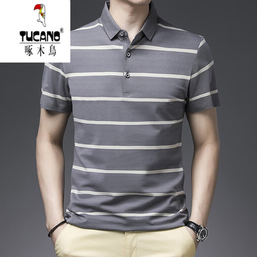 Woodpecker (TUCANO) horizontal striped short-sleeved T-shirt for men in summer with cotton lapel polo. Shirt middle-aged daddy outfit loose collared half-sleeved top 1278 top green M 170
