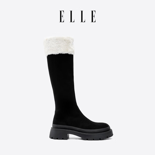 ELLE长靴女靴新款加绒加厚靴子女拼接磨砂长筒靴女两穿雪地靴 黑色 跟高4CM 35 (225mm) 标准码