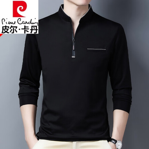 皮尔卡丹（pierre cardin）高档纯棉长袖t恤男士新款拉链款立领中青年大码针织舒适polo.衫潮 加绒6625玫红 加厚 M 165建议120斤以内
