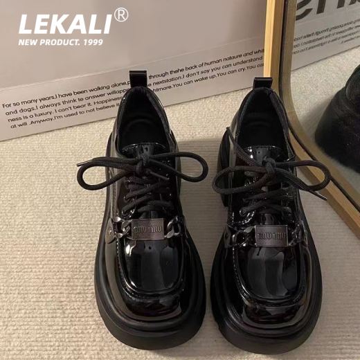 LeCali Mary Jane small leather shoes for women 2024 new style matching skirt short LeCali British style black thick sole heightening versatile black bright leather 37