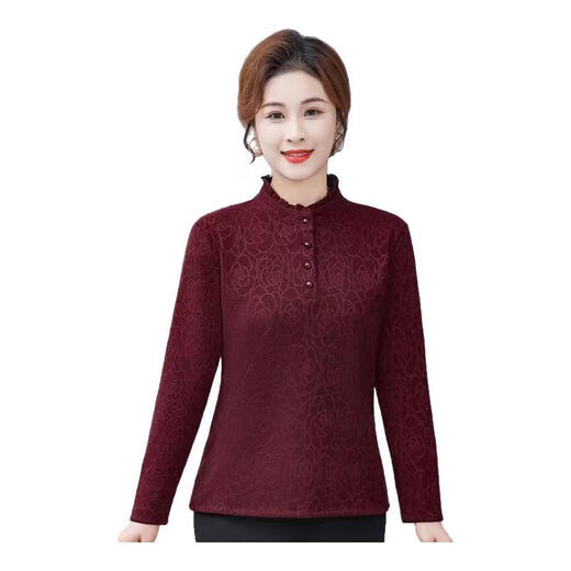 Middle-aged mother autumn and winter thickened velvet warm elastic bottoming shirt middle-aged and elderly women's fashionable slimming top mother-in-law burgundy warm top 3XL