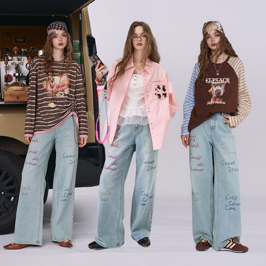 
Fairy's pocket silence is gold letter embroidered wide-leg jeans for women 2025 autumn new loose light straight pants letter light blue M