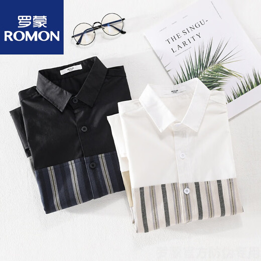 罗蒙（ROMON）夏季男士条纹短袖衬衫日系拼接薄款上衣服休闲百搭衬衣 9740蓝色 2XL 160斤左右