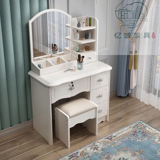 Painted European style bedroom dresser 2025 new lockable modern simple dresser storage cabinet make-up table 1.2m double cabinet + light + metal slide + stool
