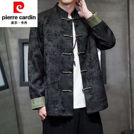 皮尔卡丹新中式唐装男中国风秋冬季长袖夹克复古盘扣汉服宽松大码男士外套 A653黑色 XL 135-150斤