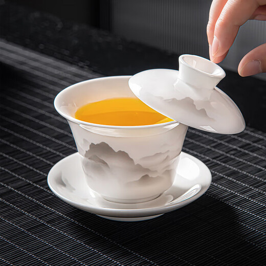 Xiangye Suet Jade Porcelain Kung Fu Tea Set Household Tea Art Ceramic Covered Bowl Teacup Tea Set Ink Distant Mountain Covered Bowl Six-Cup Glass Male Cup 9-piece Set