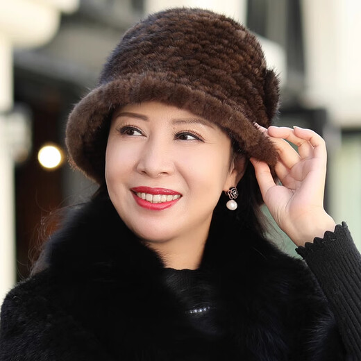 Yinghui Mink Fur Fisherman Hat Warm Flower Top Hat Middle-aged and Elderly Mink Fur Mom Hat Women Winter New Style Burgundy One Size