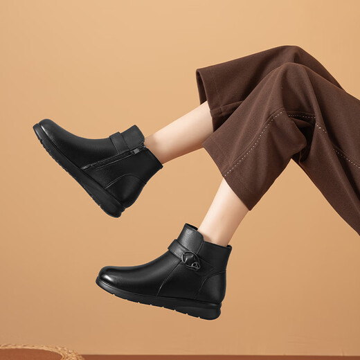 Red Dragonfly Mom Cotton Shoes Women's Winter Wool and Velvet Warm High Top Short Boots Comfortable Leather Boots WTC44638 Black 38