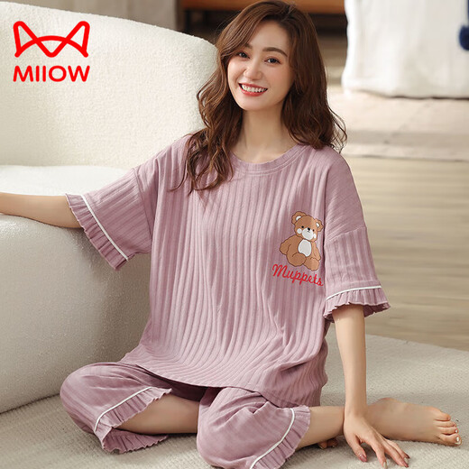 Cat Man (Miiow) 100 reines Baumwoll-Pyjama für Frauen im Sommer kurzärmeligte Hosen Fett MM Plus Size 200 Jin [Jin entspricht 0,5 kg] Lose Cartoon Outdoor-Kleidung 9923 L 100-120 Jin [Jin gleich 0,5 kg]