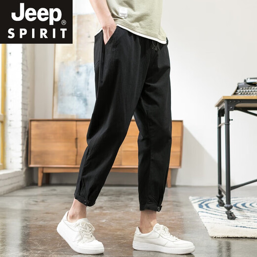 
JEEP SPIRIT Cropped Pants Men's Korean Style Fashion Brand Slim Cotton Linen Casual Cropped Pants Loose Harun Sports Straight Tile Small Tile Foot Black M