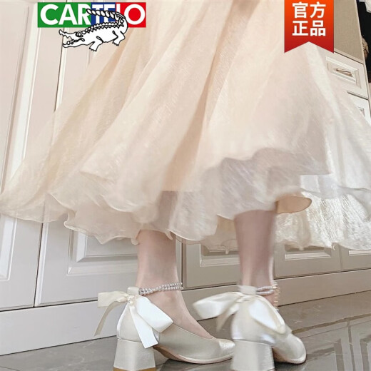 CARTELO Spring and Autumn White Mary Jane Women's Shoes French Thick Heel High Heels Fairy Style Versatile Cheongsam Wedding Shoes Bridesmaid White Main Picture Style 37