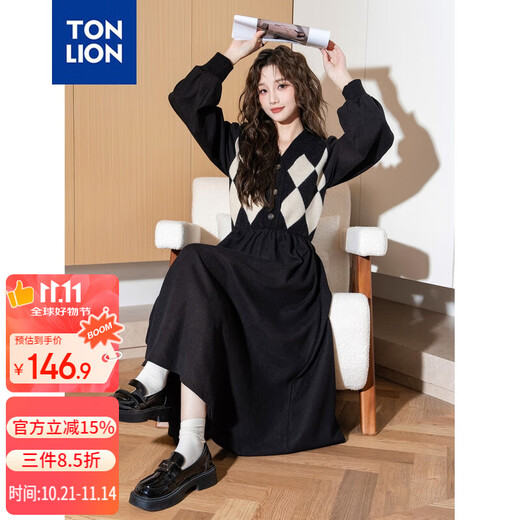 TonLion 2024 black v-neck splicing plaid dress for women retro knitted plaid skirt temperament long skirt black M
