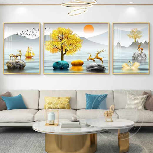 丞仔轻奢客厅装饰画沙发背景墙挂画壁画现代简约2025新款三联山水壁画 JD16802-背有靠山 左右40*60中间80*60 立体晶瓷镶钻铝合金金框