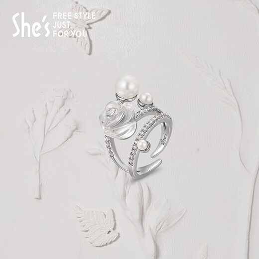 She s Akiko Barbie romantic glass rose ring niche design high-end ring hand jewelry birthday gift for women silver white H0 opening adjustable