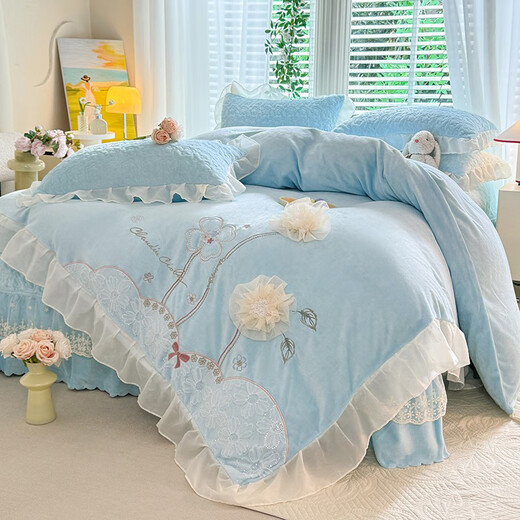 Montmartre princess style winter new style about 11Jin Jin equals 0.5kg heavy milk velvet bed cover four-piece set thickened double-sided velvet bed cover three-piece set Dream Garden--Baby Blue 1.5m bed cover four-piece quilt cover 200*230