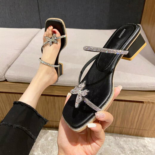 Shoe Cabinet Daphne Group's Fairy Style Sandals Women's Fashion Rhinestone Roman Shoes Bow Toggle Toe Thick Heels Lady's Shoes Black 35
