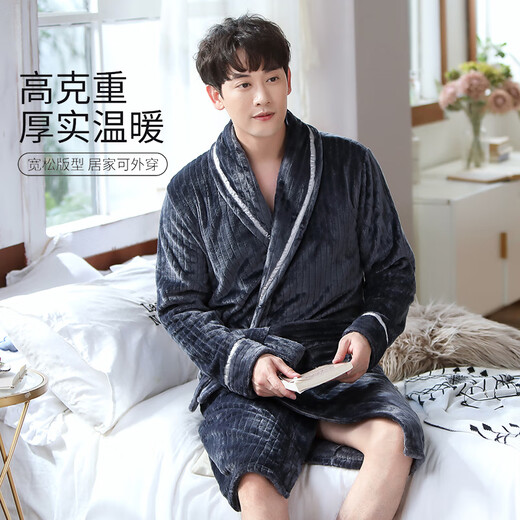 雪茜曼睡袍男生冬季法兰绒睡衣加长加大男士浴袍大码家居服