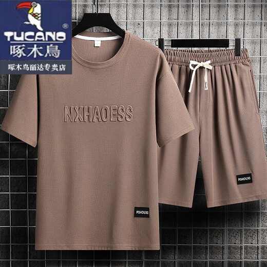 Woodpecker (TUCANO) official men's clothing, short-sleeved T-shirt, men's loose summer new men's thin ice silk casual sports shorts suit set - TZ829 khaki M, recommended 90-110Jin [Jin equals 0.5 kg]