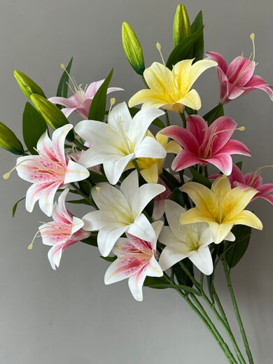 Runlei artificial flower lily artificial flower living room plastic bouquet floor decoration silk flower wedding flower arrangement interior decoration decoration plastic touch large lily-purple