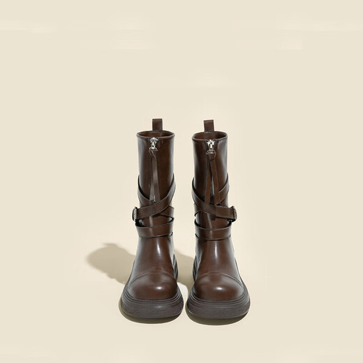 Nine-inch Sunshine Maillard Mid-Tube Martin Boots Women's Short Boots 2025 Spring and Autumn New Women's Shoes Western Retro Round Toe Thick Heel Fashion Boots Mid-Tube Boots Women's Brown 38